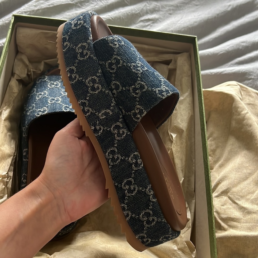 Gucci Blue Monogram Denim Slide Sandals - Picture 7 of 7